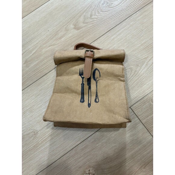 Kraft Paper Insulated Lunch Bag with Utensil Graphic - Reusable Brown Bag - Picture 1 of 5